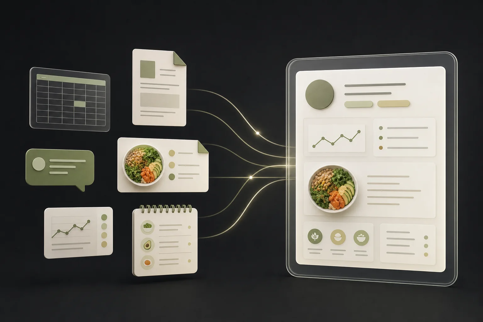 Separate spreadsheets, documents, messages, meal plans, and progress records flowing into one unified patient care record